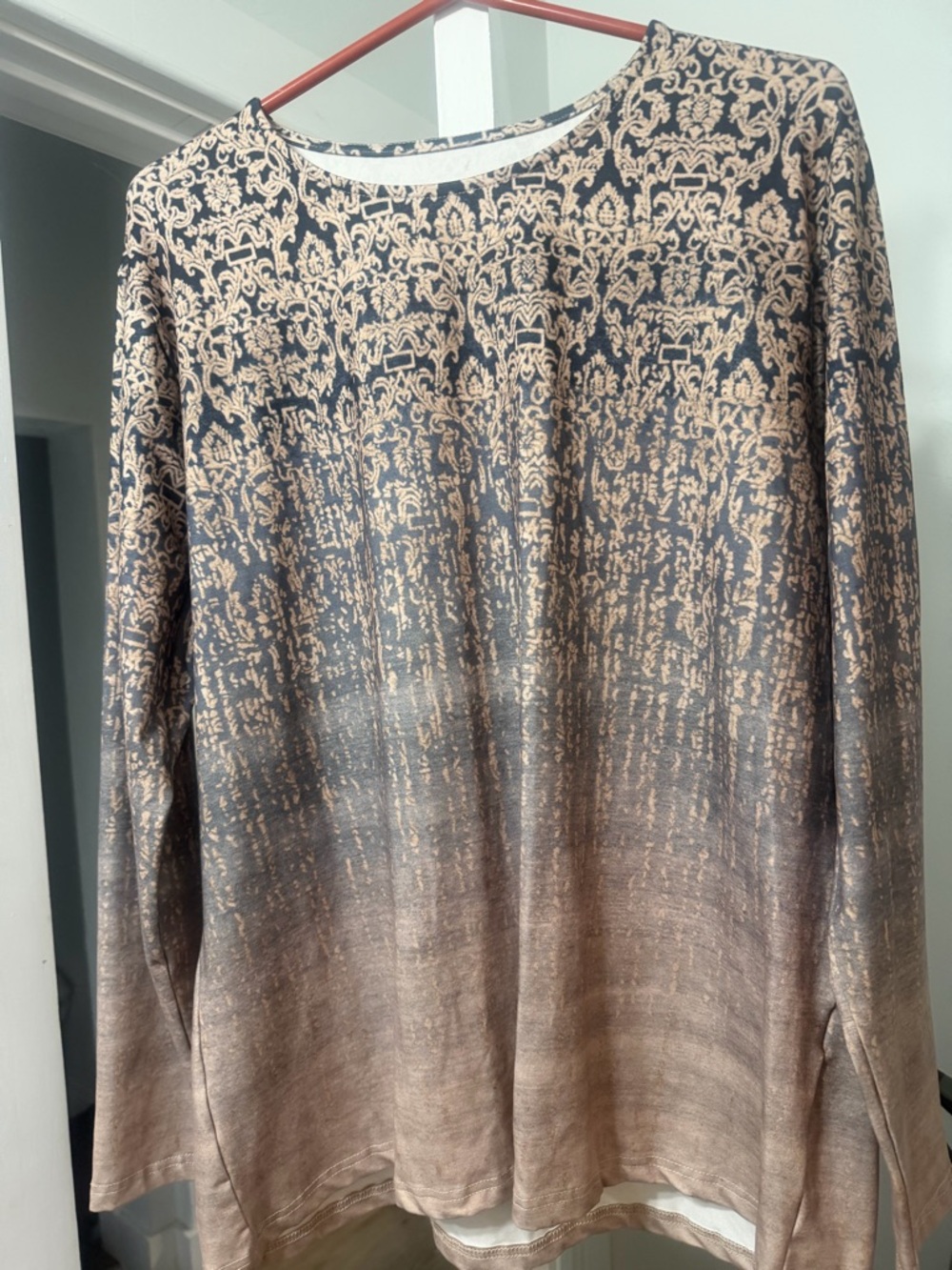 Neutral Ombre Long Sleeve Top with Tan Lace Motif